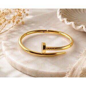 Gold Tone Nail Bangle Bracelet Hinged Cuff Designer Inspired Minimalist Modern